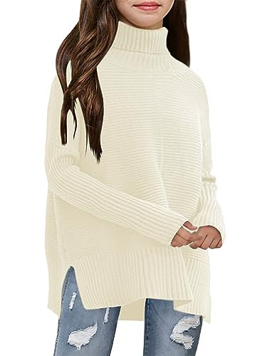 Haloumoning Kids Girls Turtleneck Tunic Sweaters Dress Oversized Long Sleeve Knit Chunky Pullover Jumper with Slit 5-14T Cream White | Amazon (US)