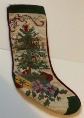 VTG Needlepoint Stocking 100% Wool Christmas Tree Gifts Red Velvet Backing 21" | eBay US