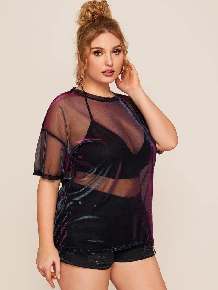 Plus Drop Shoulder Sheer Mesh Top | SHEIN