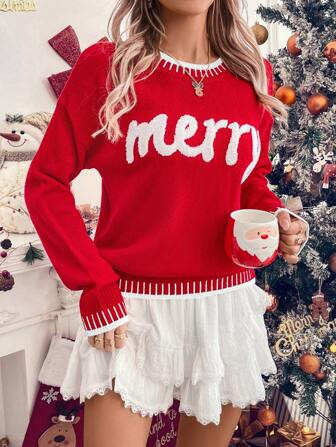 SHEIN Relaxiva Women's Christmas Font Pattern Knit Sweater For New Year Clothes | SHEIN