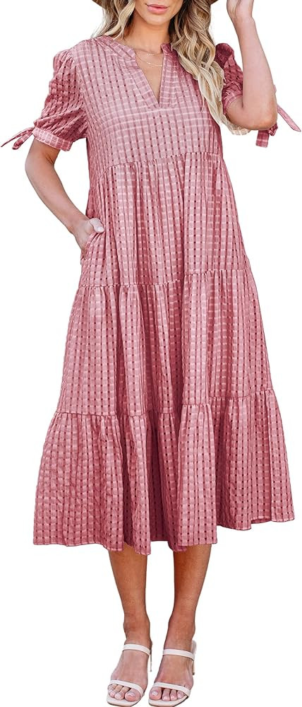 ECOWISH Women Summer Casual Dress - V Neck Short Sleeve Gingham Midi Pleated Tiered Loose Fit Hol... | Amazon (US)