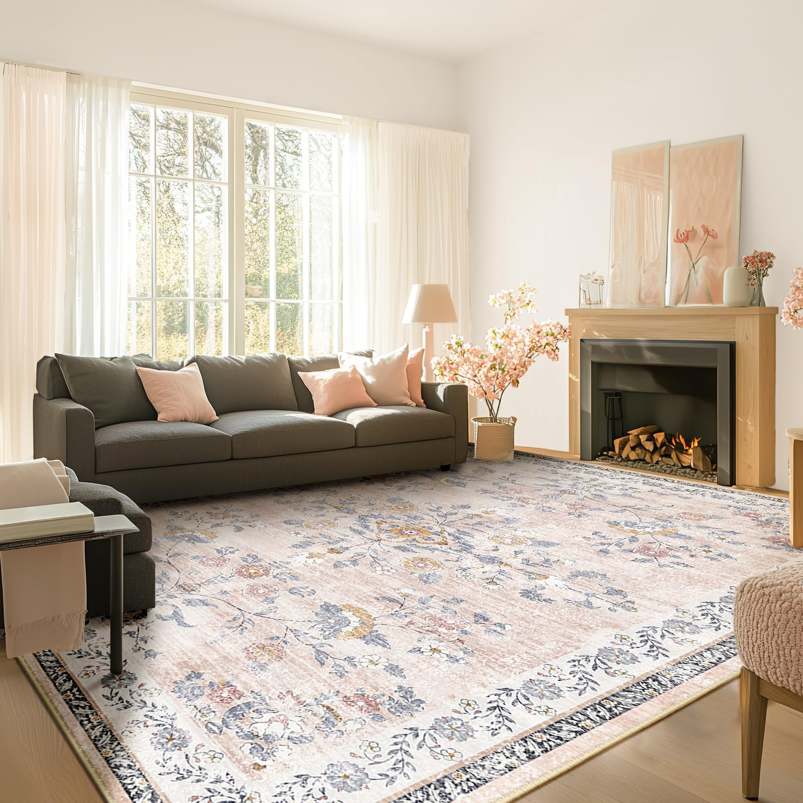 Area Rug 8x10, Vintage Floral Distress Print Pattern, Washable Non-Slip Low-Pile Indoor Carpet fo... | Amazon (US)