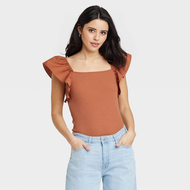 Women&#39;s Ruffle Top - A New Day&#8482; Brown M | Target