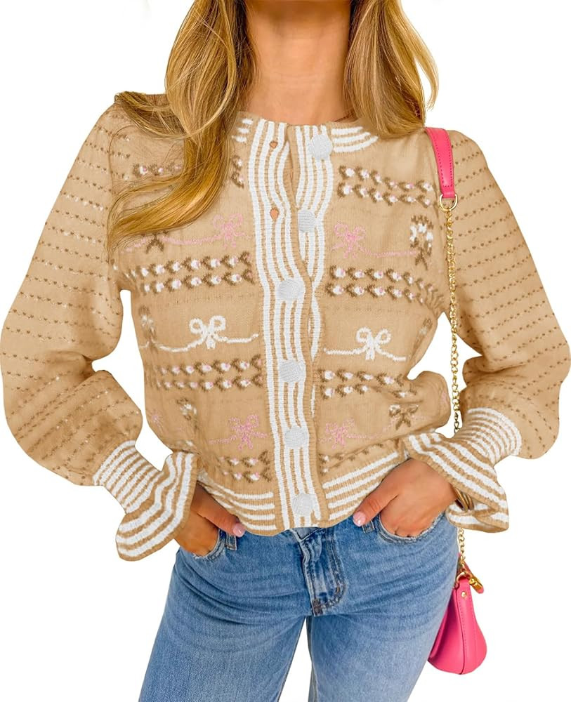 Saodimallsu Womens Cropped Cardigan Striped Puff Ruffle Sleeve Cute Graphic Button Bow Knitted Sw... | Amazon (US)