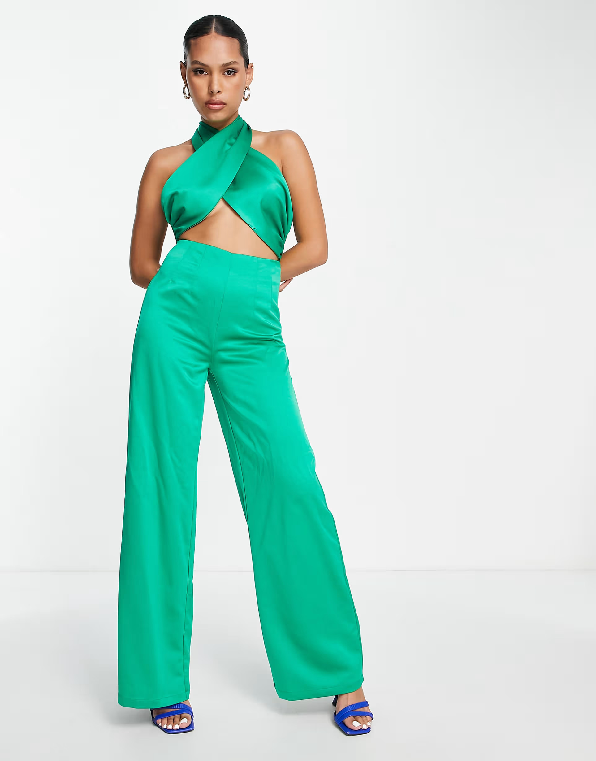 Extro & Vert halter neck jumpsuit with palazzo pants in emerald satin | ASOS (Global)