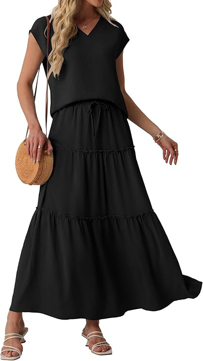 Lepunuo 2 Piece Skirt Sets for Women Flowy Maxi Skirts Cap Sleeve Tops Matching Sets Travel Vacat... | Amazon (US)