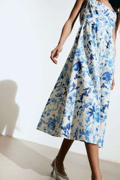 Linen-blend Midi Dress - White/blue floral - Ladies | H&M US | H&M (US + CA)