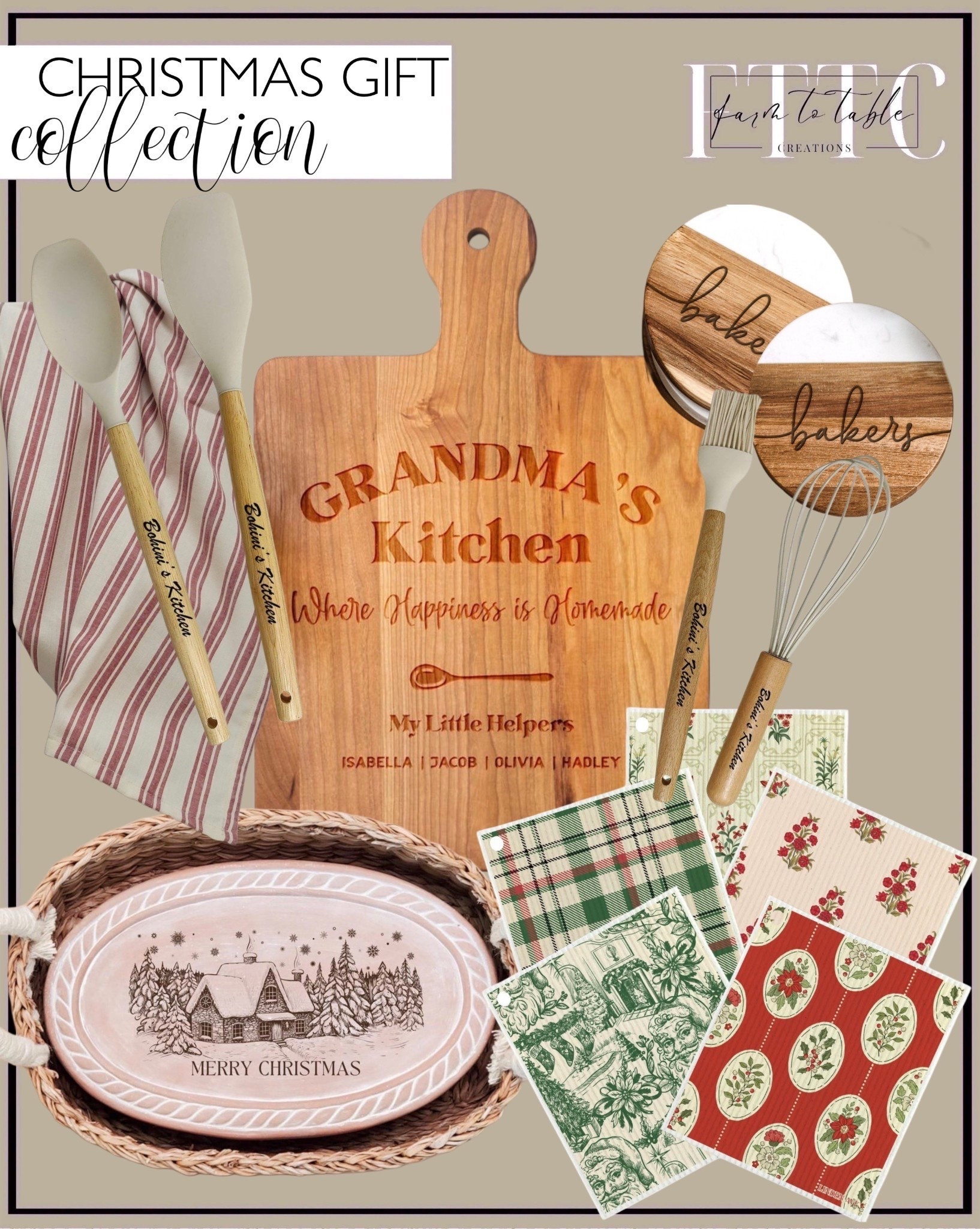 Grandma’s Kitchen Gift Basket

Follow @farmtotablecreations on Instagram for more cozy holiday finds.

A thoughtful and sentimental gift that celebrates the heart of the home. This “Grandma’s Kitchen” basket includes a custom engraved cutting board, personalized baking tools, a handmade bread warmer, reusable dishcloth set, monogrammed coasters, and a festive tea towel. Each piece adds a personal touch that feels both practical and heartfelt — perfect for anyone who loves to bake, cook, and gather family in the kitchen.

#christmasgiftideas #giftbasketideas #holidaygifting #christmascollection #holidaygiftguide #amazonfinds #grandmaskitchen #customgifts #personalizedgifts #holidayinspo #kitchendecor #hostessgift #modernorganichome #neutralchristmas #amazonhome #holidaydecor



#LTKGiftGuide #LTKHoliday #LTKHome