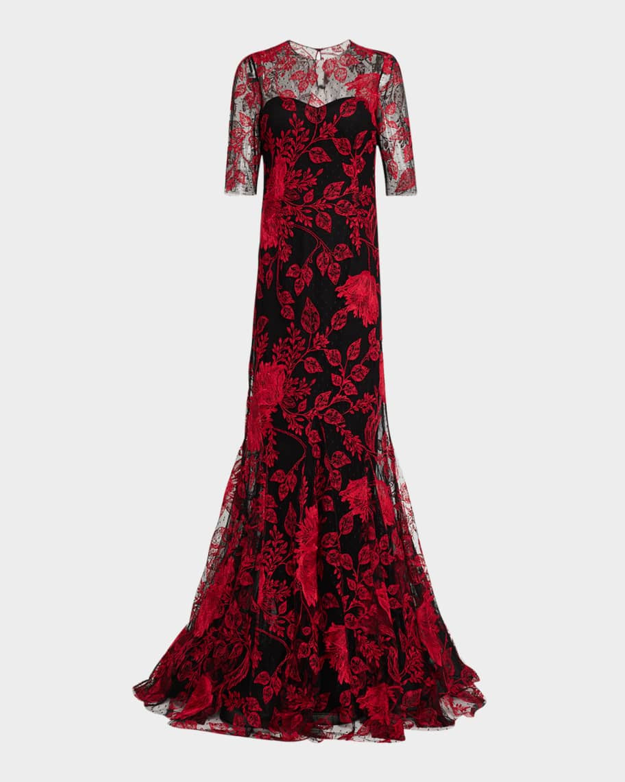 Rickie Freeman for Teri Jon Floral-Embroidered Lace Trumpet Gown | Neiman Marcus