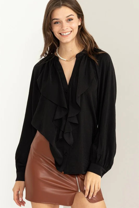 Long Sleeve Ruffle Blouse BLACK / S | Casual Chic Boutique