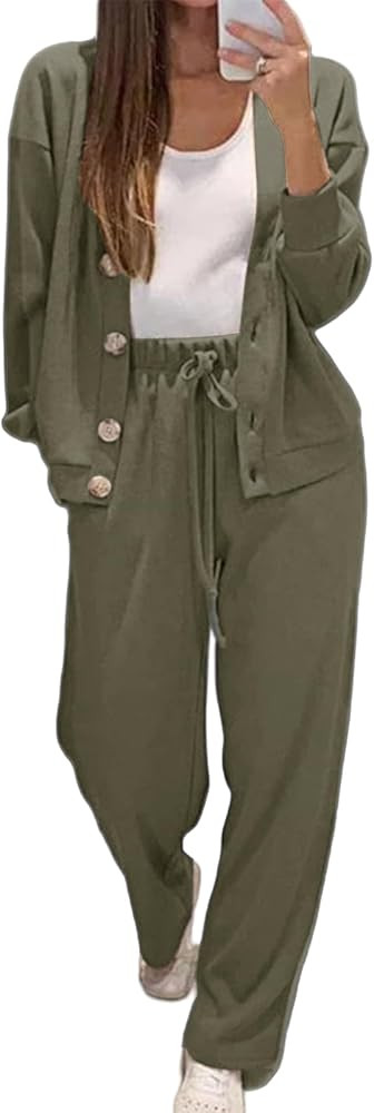 Two Piece Lounge Sets for Women Button Down Shirts Jackets Wide Leg Pants Tracksuit Matching Wint... | Amazon (US)