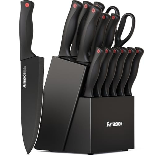 Astercook 15 Piece Knife Set with Sharpener Block - German Stainless Steel, Dishwasher Safe Kitchen Knives with Built-In Sharpener, Black | Amazon (US)