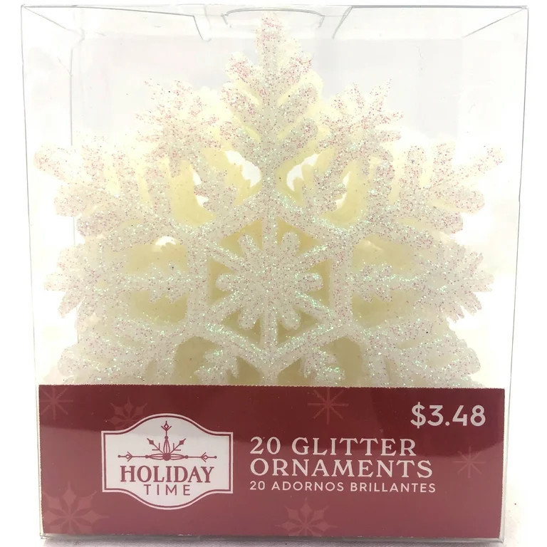 Holiday Time, White Glitter Snowflake Christmas Shatterproof Ornaments , 20 Count | Walmart (US)