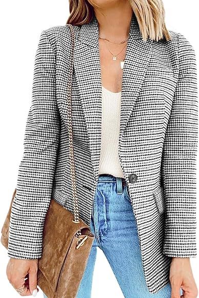 BLENCOT Womens Casual Plaid Blazers Jackets Button Open Front Long Sleeve Lightweight Blazer Suit S- | Amazon (US)