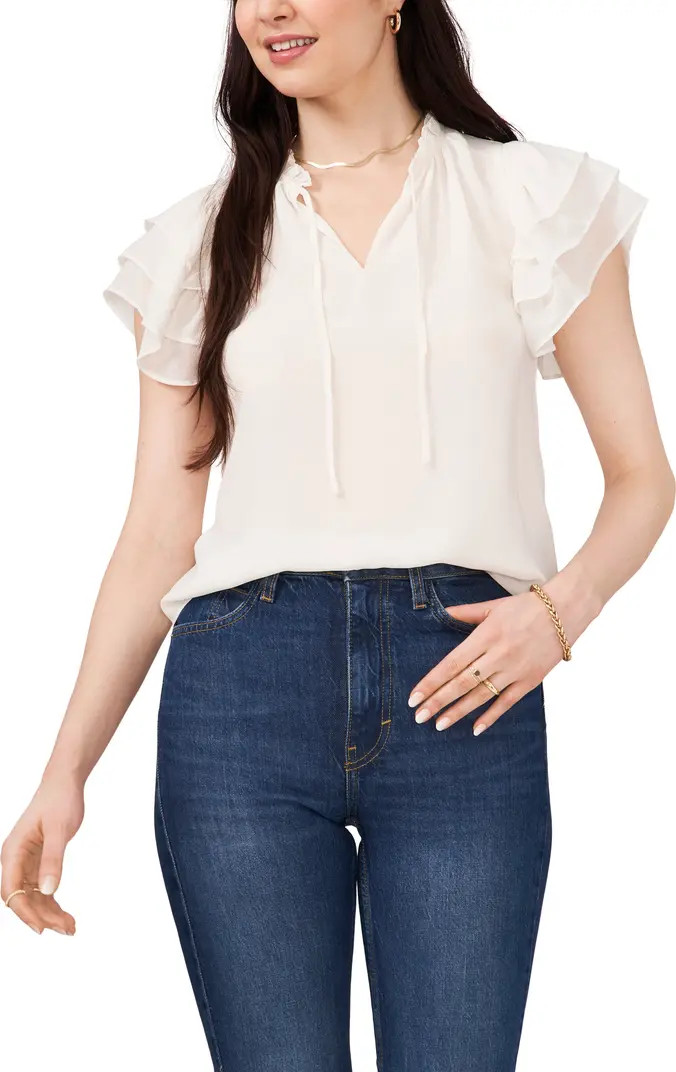 Flutter Sleeve Split Neck Chiffon Blouse | Nordstrom