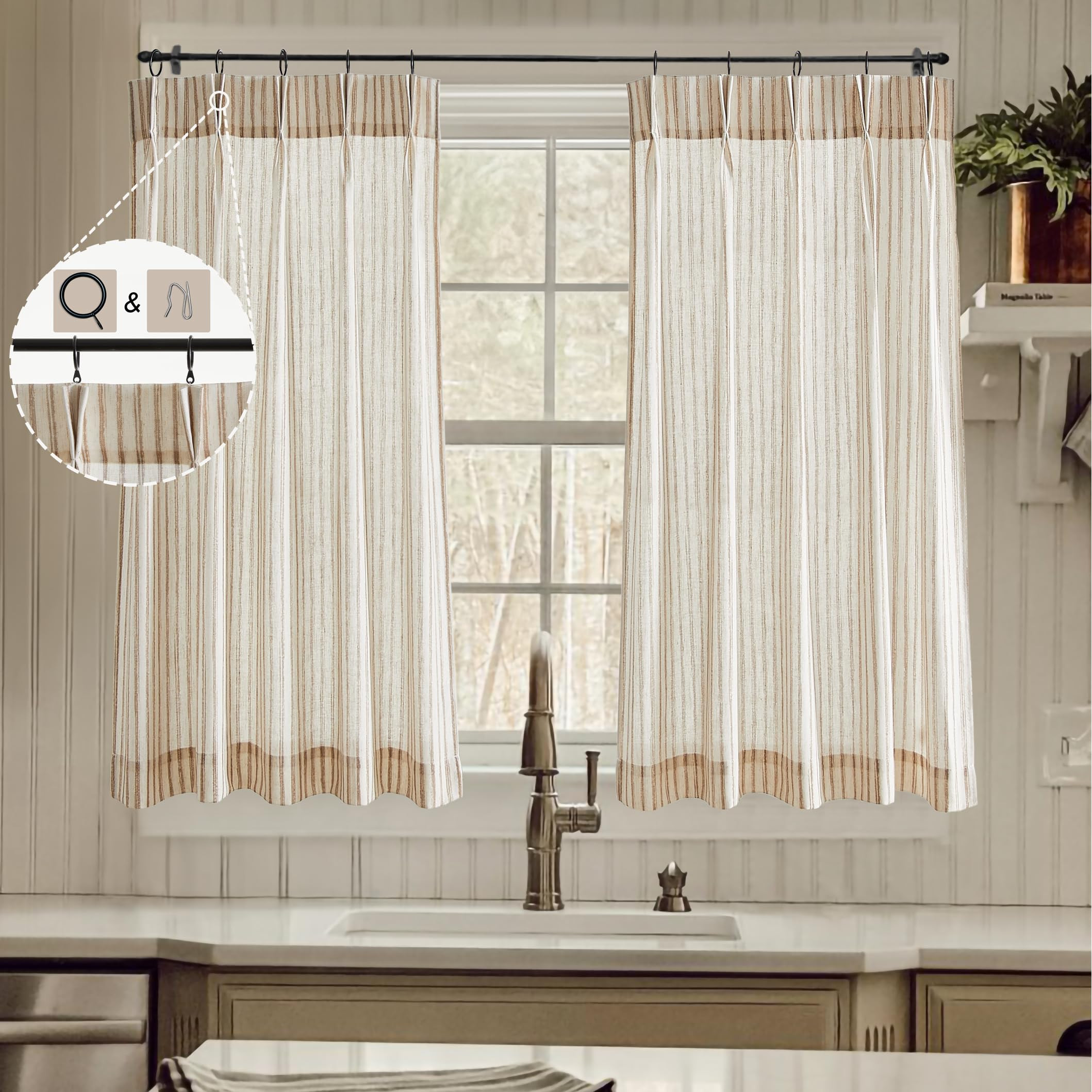 LIMON HOME Short Pinch Pleated Kitchen Curtains, 45 Inch Length, Ticking Stripe Linen Curtains wi... | Amazon (US)