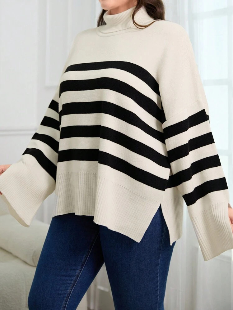 SHEIN Plus Size Striped Pattern Turtleneck Drop Shoulder Split Hem Sweater | SHEIN