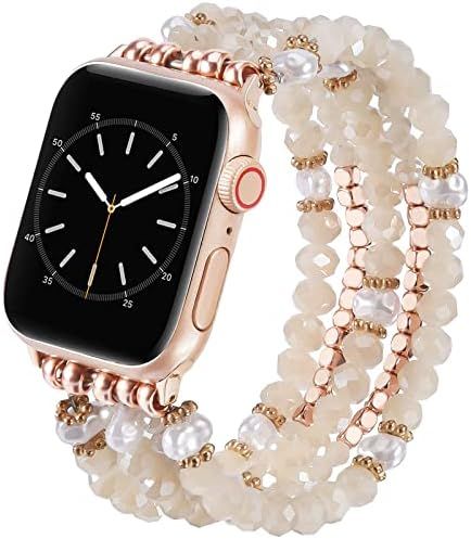 V-MORO Beaded Bracelet Compatible with 41mm/40mm Series 7/6 Apple Watch Bands Natural Pearl Beads Ha | Amazon (US)