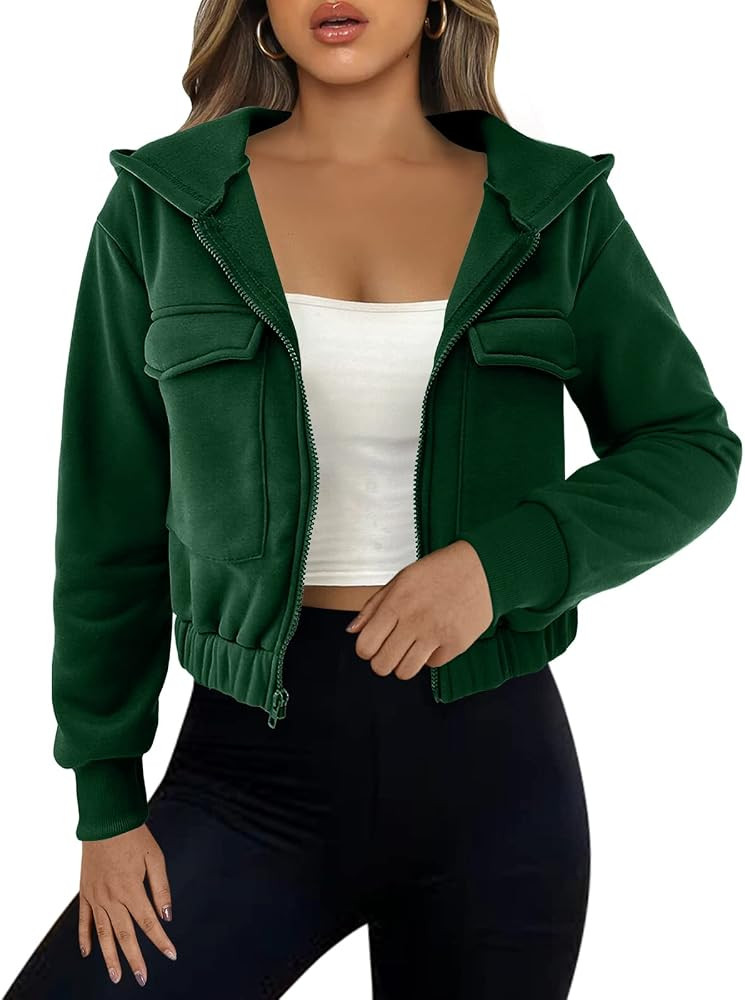 Valpweet Womens Zip Up Cropped Hoodie Fashion Sweatshirt Long Sleeve Casual Cropped Jacket Coat Outw | Amazon (US)