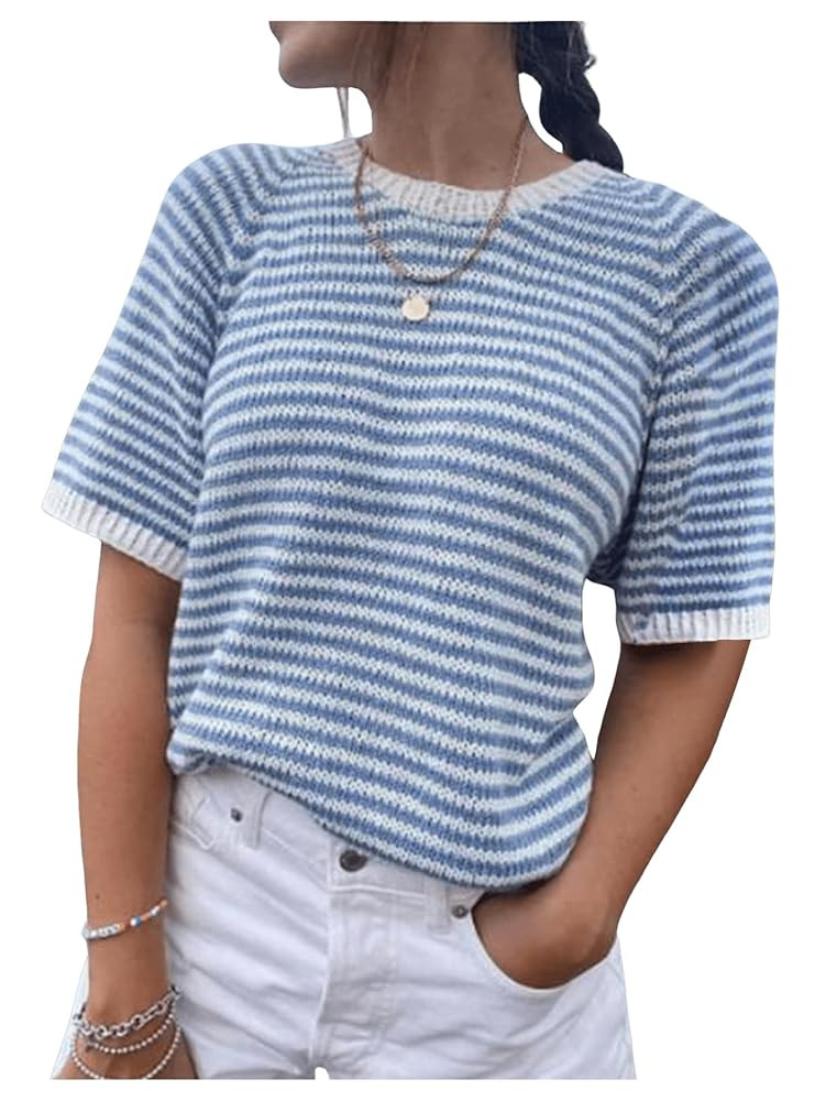 MakeMeChic Women's Striped Short Sleeve Sweater Contrast Binding Round Neck Knit Tops | Amazon (US)