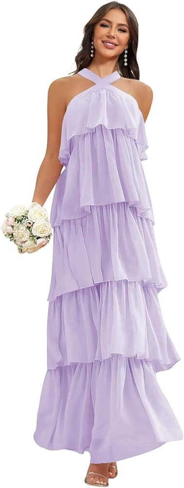 Halter Bridesmaid Dresses for Women Chiffon Tiered Ruffle Long Formal Wedding Guest Dress | Amazon (US)