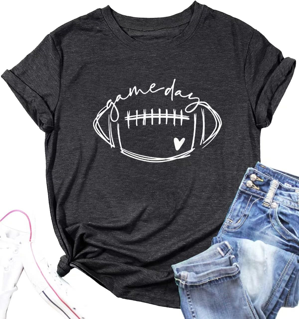 Game Day Football T Shirts Women Football Mom Tee Tops Funny Sunday Casual Short Sleeve Tee Shirts | Amazon (US)