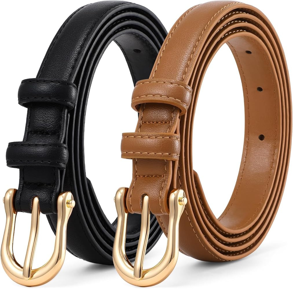 XZQTIVE 2Pack Thin Women Belt 0.7" Fashion Skinny Ladies Waist Belt for Jeans Pants Dress with Go... | Amazon (US)