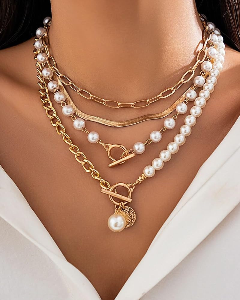 Gold Layered Necklaces for Women Chunky Layered Gold Necklaces Stacked Paperclip Chain Pearl Neck... | Amazon (US)