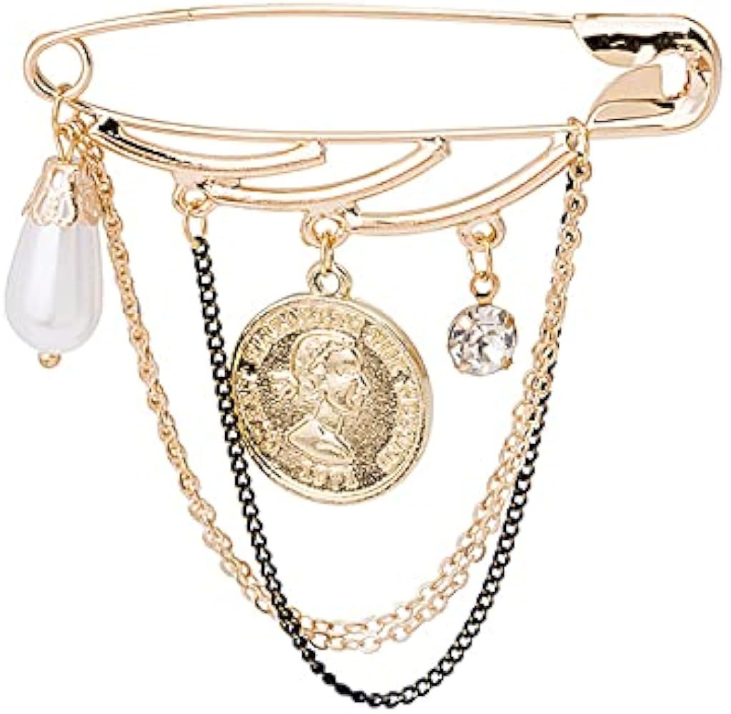 Paper Clip Long Chain Tassel Brooch Pin Waterdrop Pearl Crystal Dangle Lapel Pin Gold Coin Badge ... | Amazon (US)