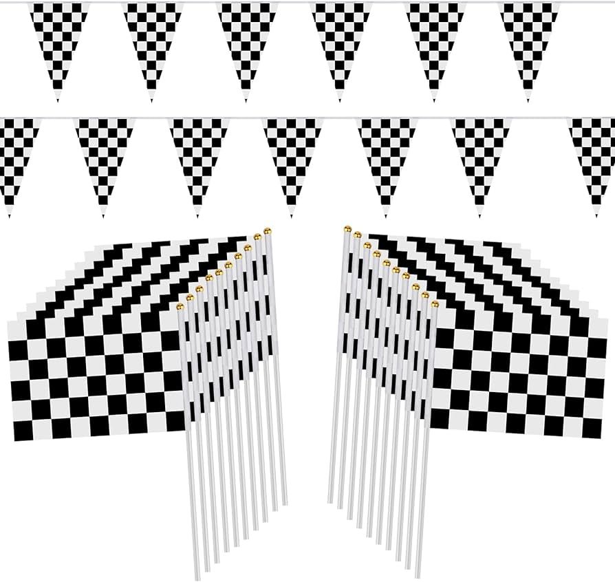 98ft Checkered Black & White Pennant Banner Racing Flags and 20Pcs 11.8 Inch Racing Flags with Pl... | Amazon (US)