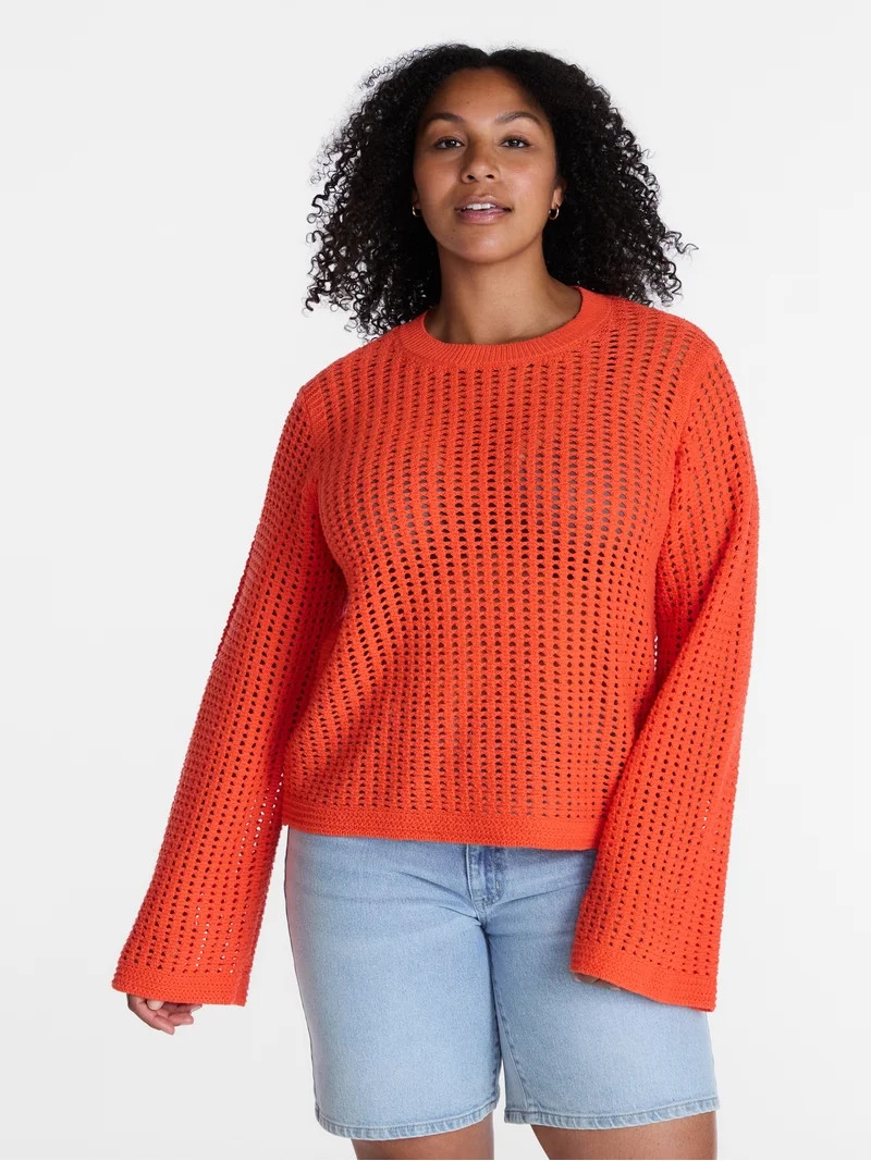 Time and Tru Women’s Textured Cotton Sweater with Long Sleeves, Lightweight, Sizes XS-XXXL | Walmart (US)