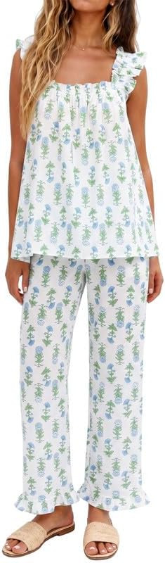 Marvmys Womens Pajamas Set 2 Piece Ruffle Pj Set Cute Pajamas Sexy Tank Top and Long Pants Bridal... | Amazon (US)