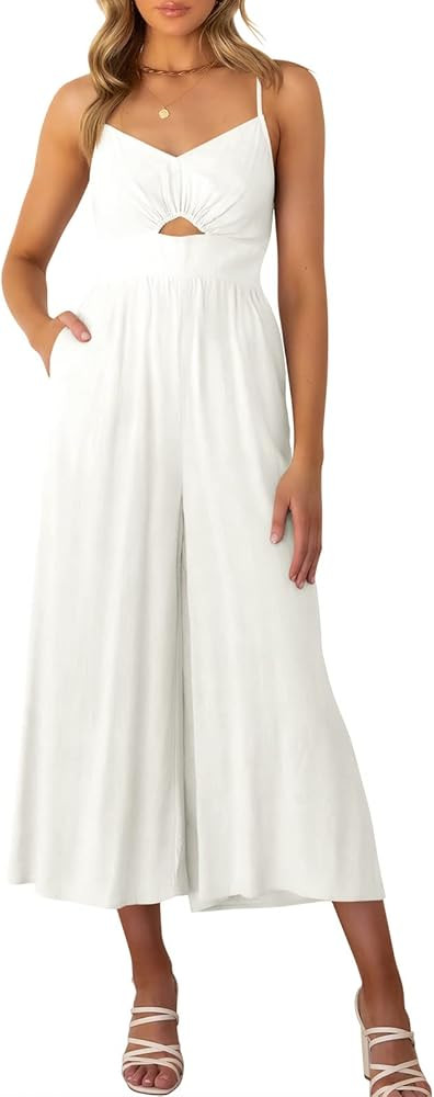 Prinbara Women's Summer V Neck Spaghetti Straps Cutout Smocked High Waist Wide Leg Jumpsuits Romp... | Amazon (US)