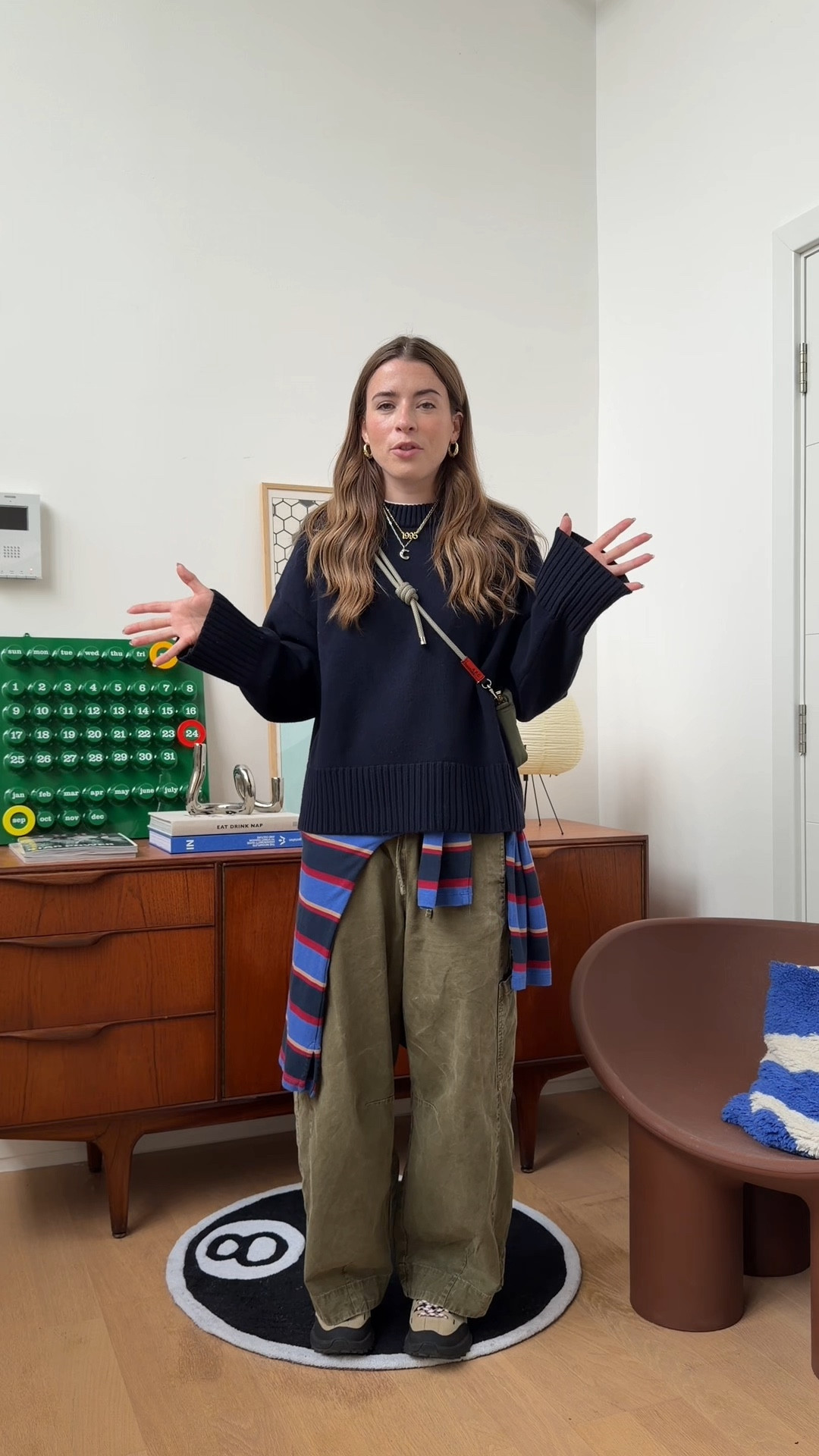 Navy jumper, oversized jumper, casual style, casual outfit, damson madder, damson madder trousers, green trousers, stripe top 

#LTKstyletip #LTKautumn #LTKuk