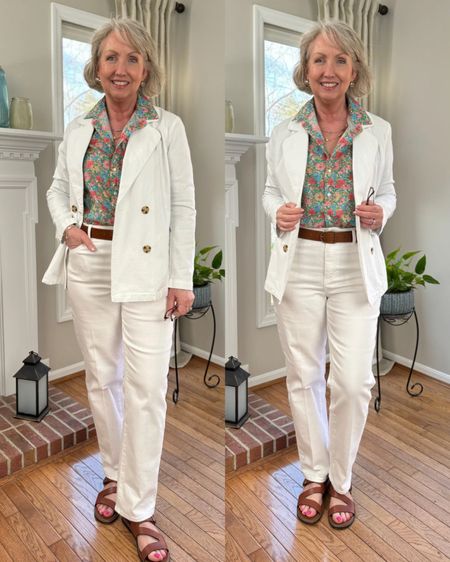 This floral blouse adds the perfect pop of color to this all white look. Pairing white with cognac accessories is one of my favorite ways to style my looks for spring. 💐 

#LTKstyletip #LTKmidsize #LTKover40