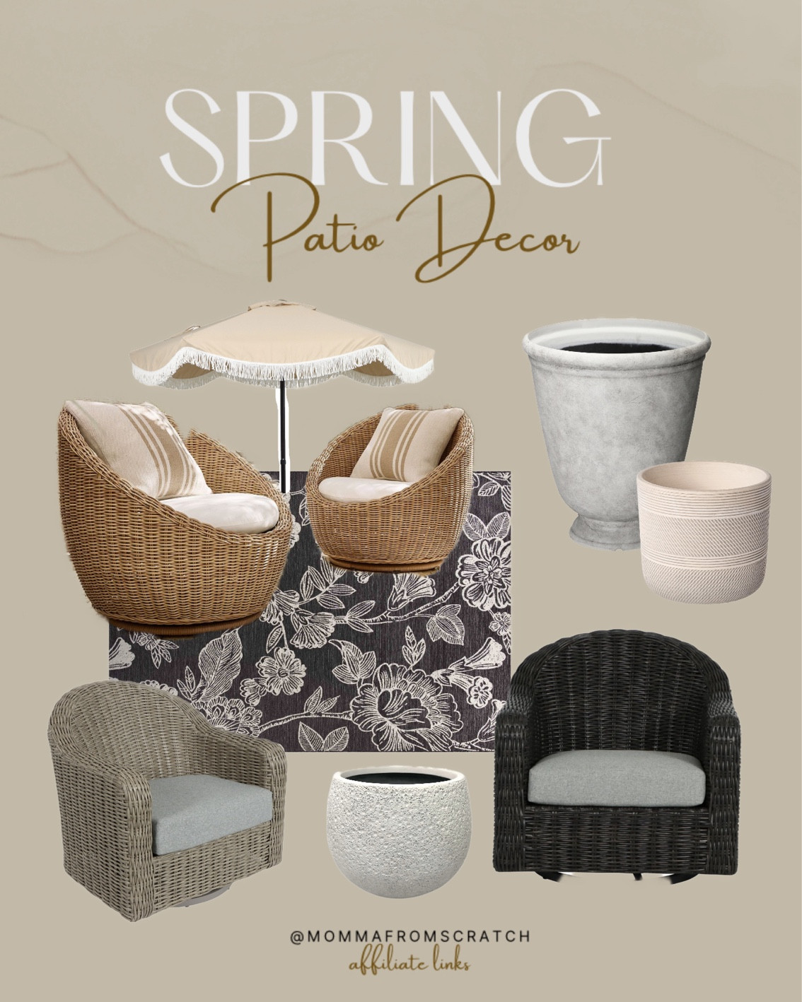Spring patio furniture and outdoor decor! Planters , outdoor rug, swivel chairs. 

#LTKHome #LTKSeasonal #LTKStyleTip