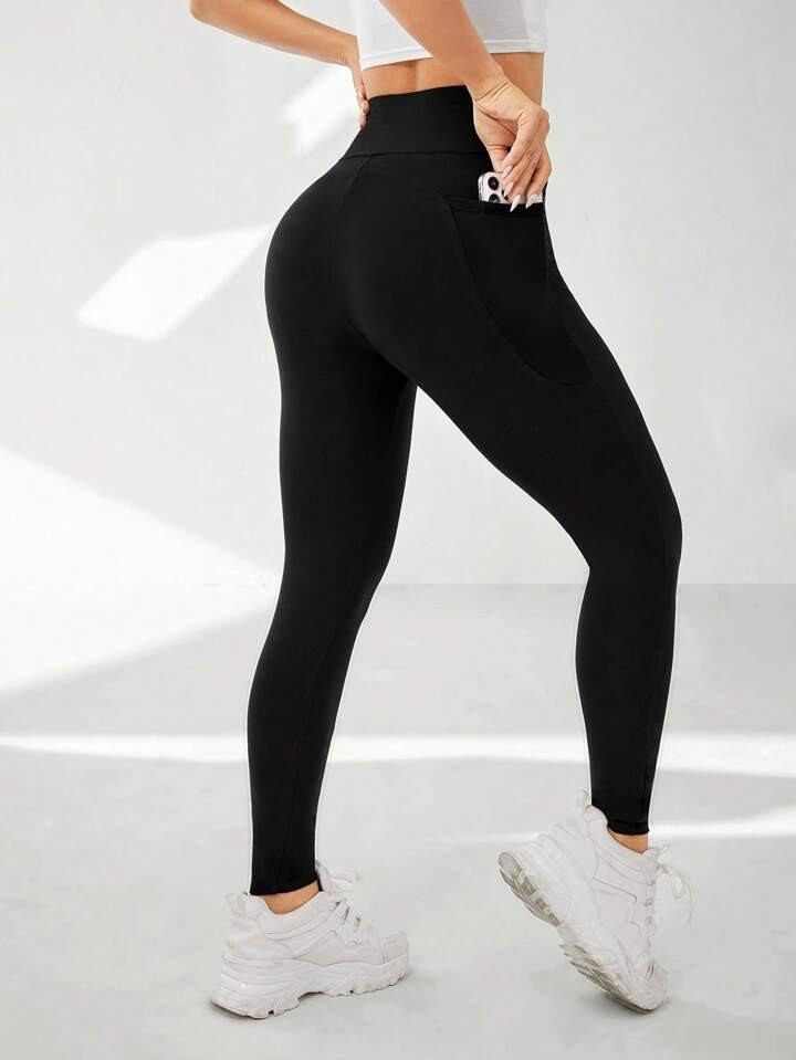 SHEIN EZwear Solid Wide Waistband Phone Pocket Side Leggings | SHEIN