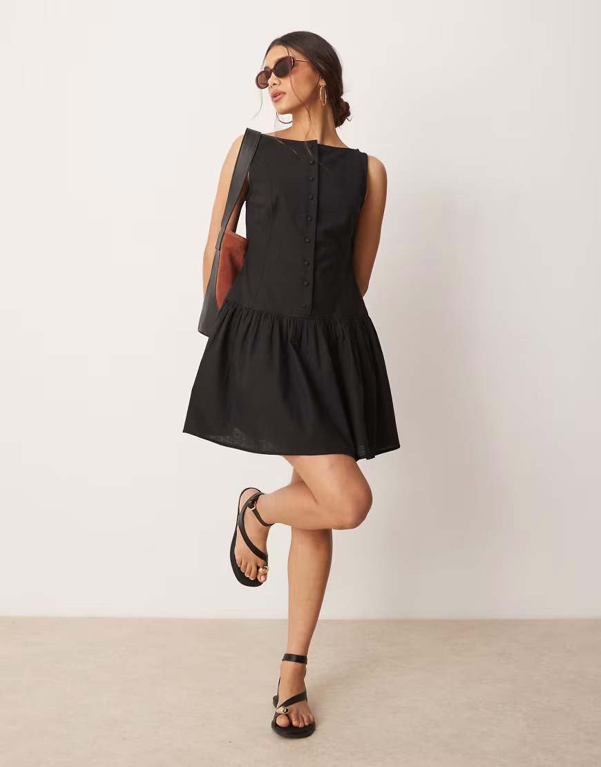 ASOS DESIGN slash neck button down dropped waist mini dress in black | ASOS (Global)