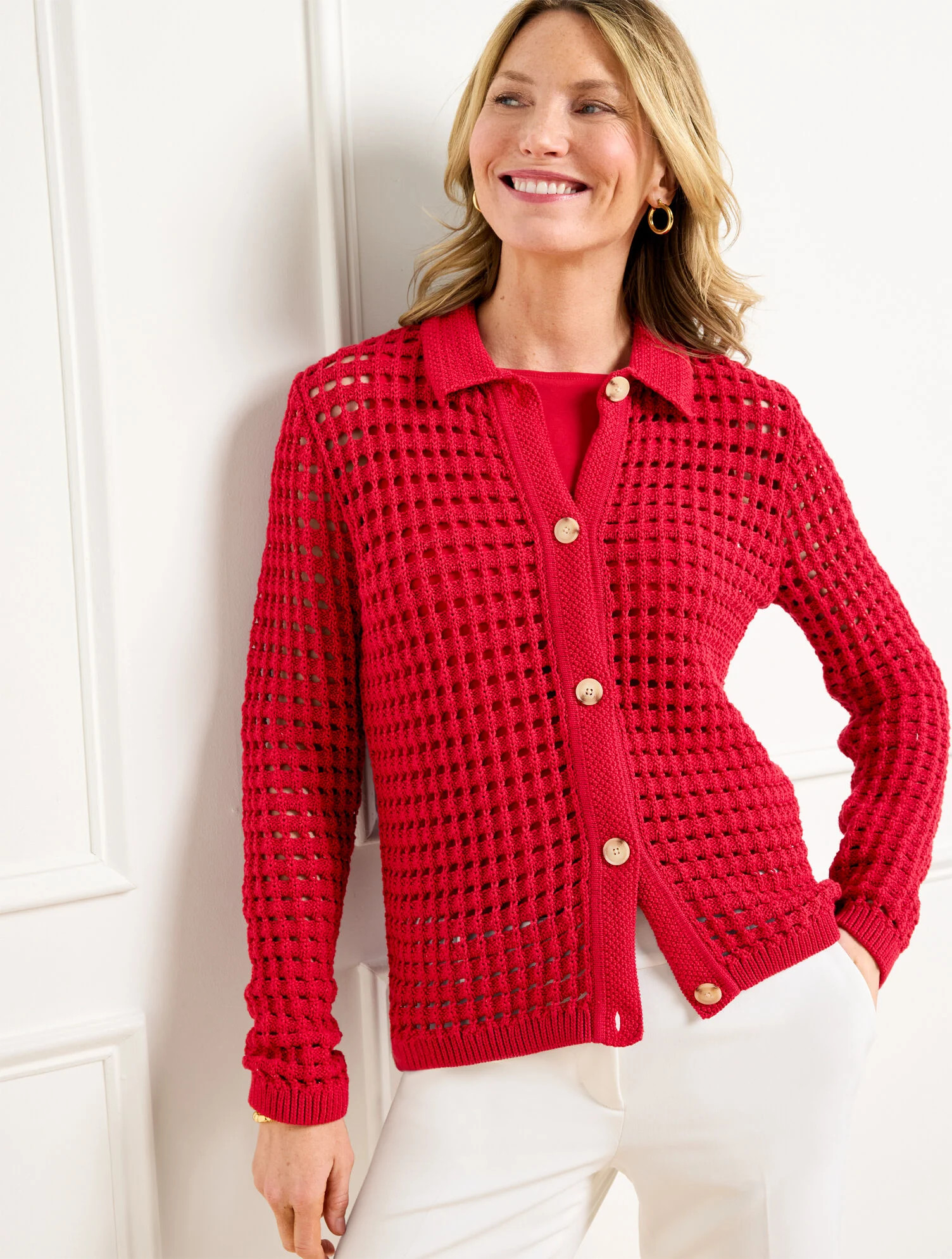 Open Stitch Polo Cardigan | Talbots