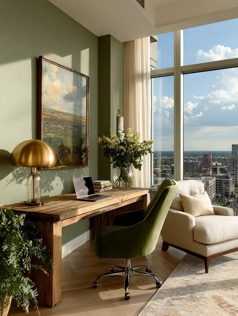 Create a workspace that feels like a boutique hotel suite in the sky.

A rustic wooden desk.
A sculptural gold table lamp.
An olive-green velvet chair.
Soft ivory seating.
And a panoramic city view framed by floor-to-ceiling windows.

This is how you design a home office that feels inspiring, grounded, and elevated at the same time. The sage-green wall adds depth. The warm wood keeps it organic. The gold brings quiet luxury.

Your workspace should feel like a place you want to sit in — not just a place you have to work in.

#HomeOfficeDesign #LuxuryHomeOffice #SageGreenWalls #VelvetChair #GoldAccents #ModernEuropean #WorkspaceInspo #ElegantInteriors #RefinedLiving #DesignWithIntention 

 #LTKHome
