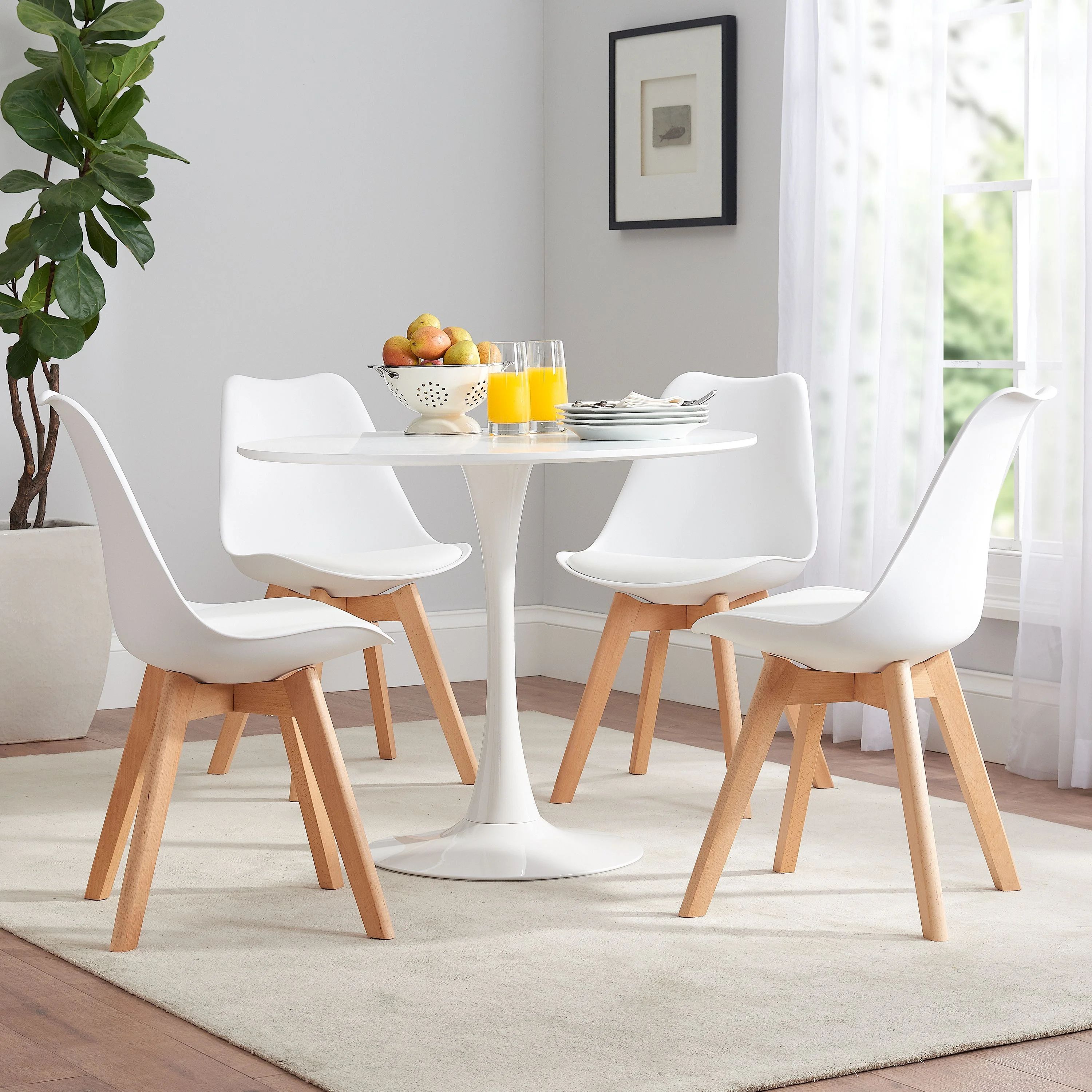 Mainstays Modern Bucket Seat Dining Chairs with Cushion, Set of 4, White with Natural Finish Legs | Walmart (US)