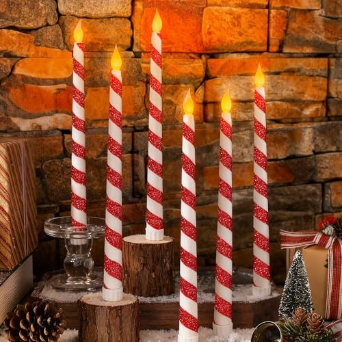 LCZLUMIPRO 6PCS Christmas Flameless Taper Candles - Candy Cane Red and White Stripes Flickering Battery Operated LED Candles for Xmas Centerpiece Holiday Party, Wedding, Winter Home Decoration | Amazon (US)