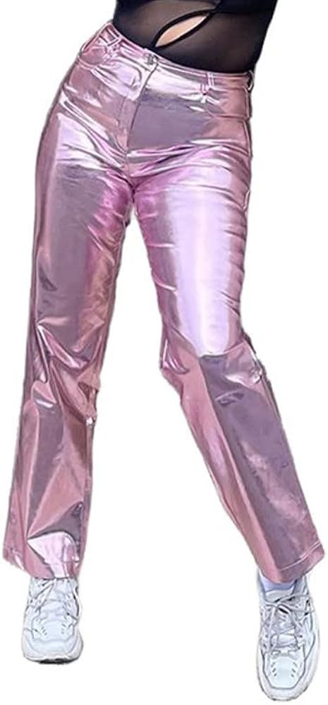 LROSEY Women's Shiny Metallic Holographic Straight Leg Faux Leather Pants with Pockets | Amazon (US)
