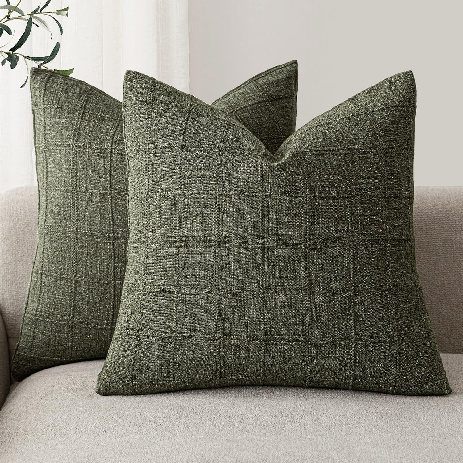 Foindtower Set of 2 Decorative Linen Check Throw Pillow Covers Neutral Farmhouse Vintage Cushion Covers Modern Boho Home Decor for Sofa Chair Couch Bedroom Living Room Outdoor,20×20 Inch,Olive Green | Amazon (US)