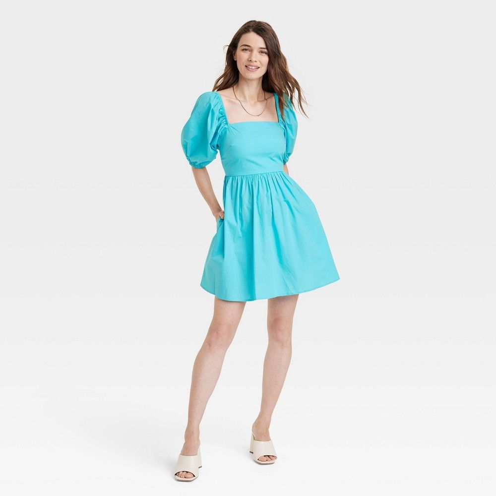 Women's Puff 3/4 Sleeve Dress - A New Day Aqua Blue XS | Target