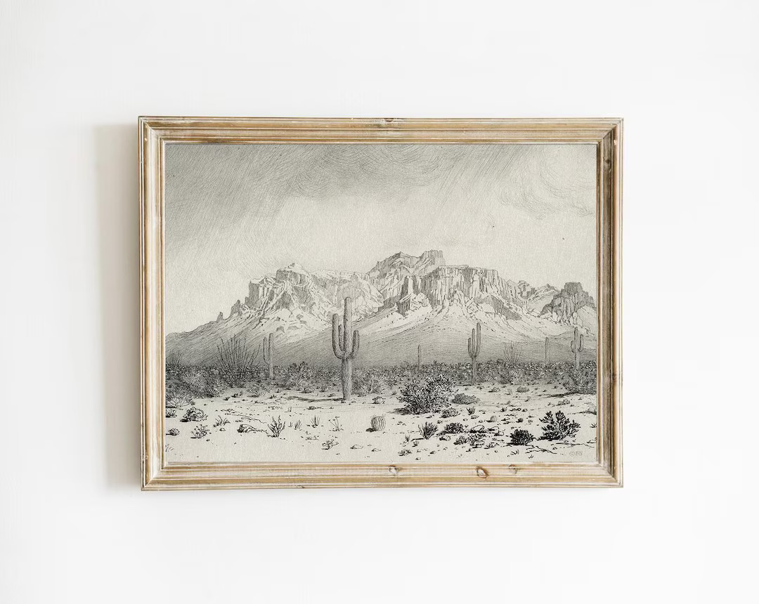 Printable Black and White Desert Saguaro Landscape Vintage Horizontal Art Southwest Arizona Deser... | Etsy (US)
