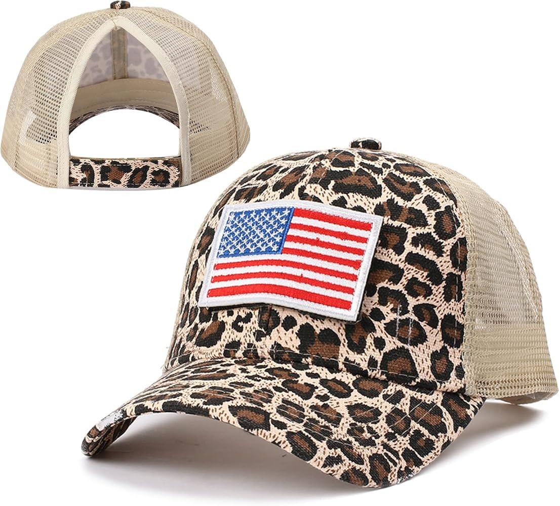 ProMindFun Womens Ponycap Messy High Bun Ponytail Backless Baeseball Cap USA Flag Patchwork Washe... | Amazon (US)