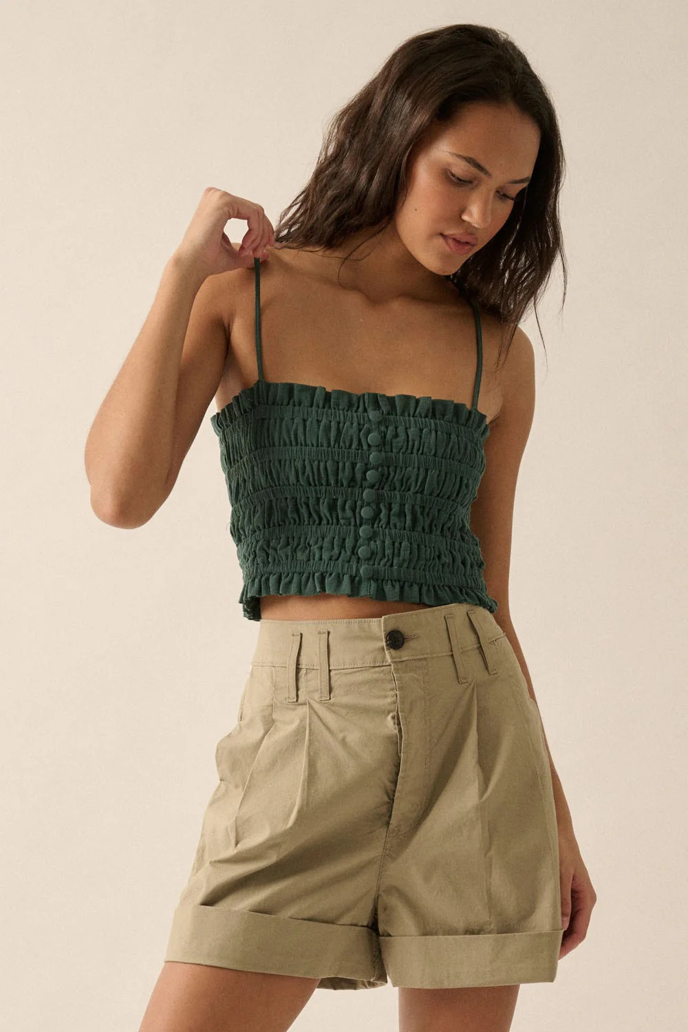 Pine Green Solid Smocked-Bodice Cropped Cami Top | PinkBlush Maternity
