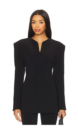 Long Sleeve Shoulder Pad V Neck Zip Front Jacket in Black | Revolve Clothing (Global)