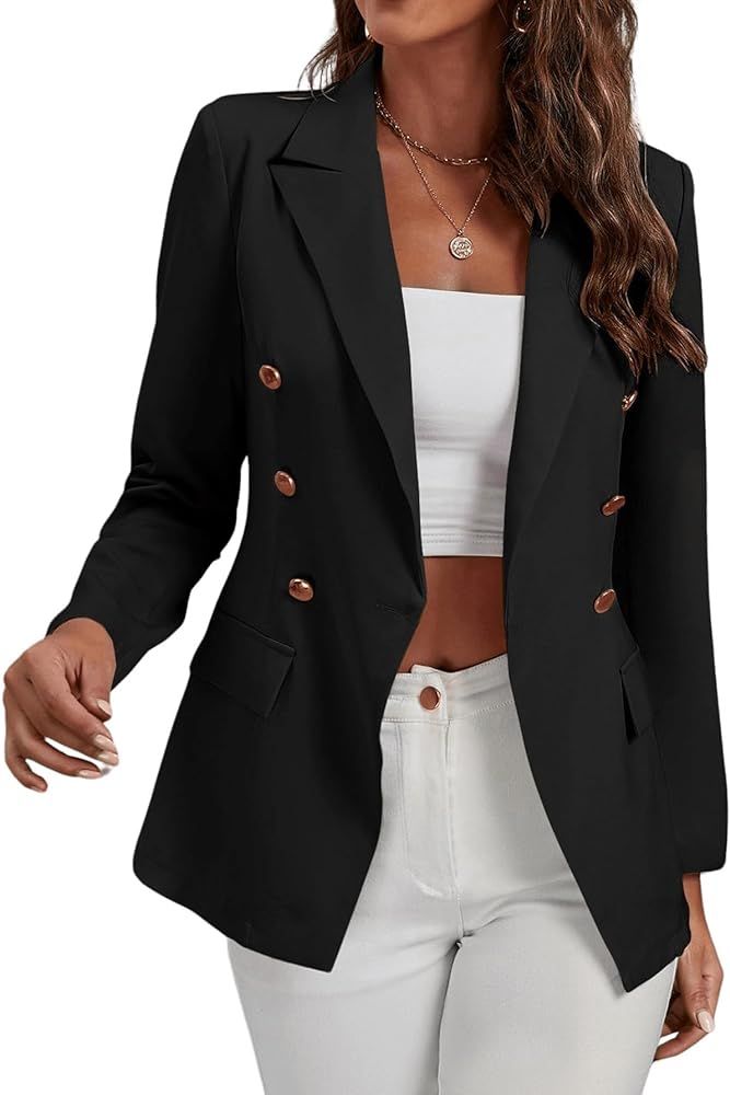 MakeMeChic Women's Lapel Collar Long Sleeve Double Button Work Office Blazer Jackets | Amazon (US)